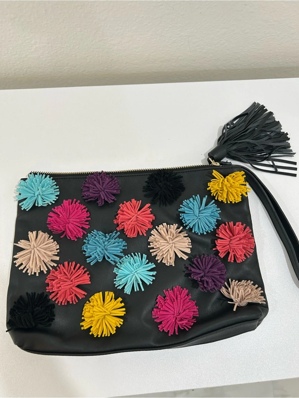 Gianni Bini Black Pom-Pom Accent Wristlet Clutch - Multicolor